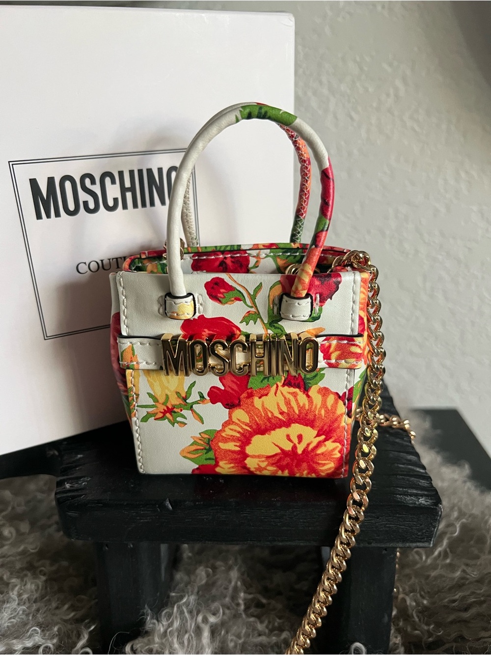 Moschino White Floral Mini Bag with Gold Logo & Chain